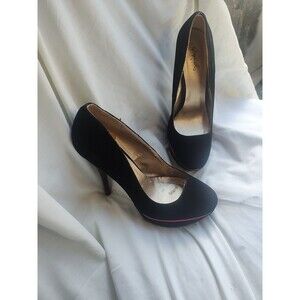 Qupid Women Faux Suede Toe Platform Pump Stiletto Black With Pink Line Size 10
